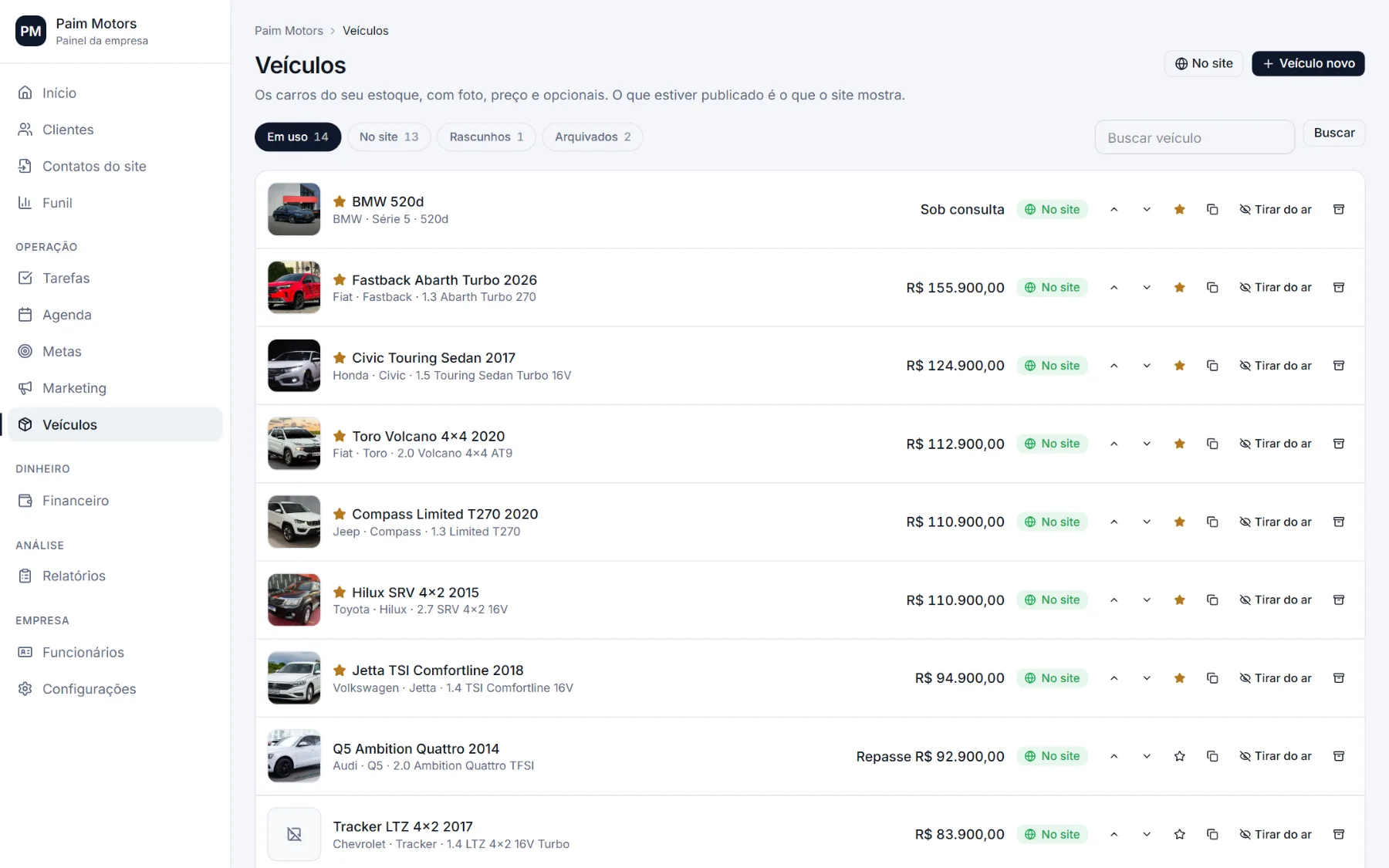 Catálogo real do PaimHub com veículos da demonstração Paim Motors