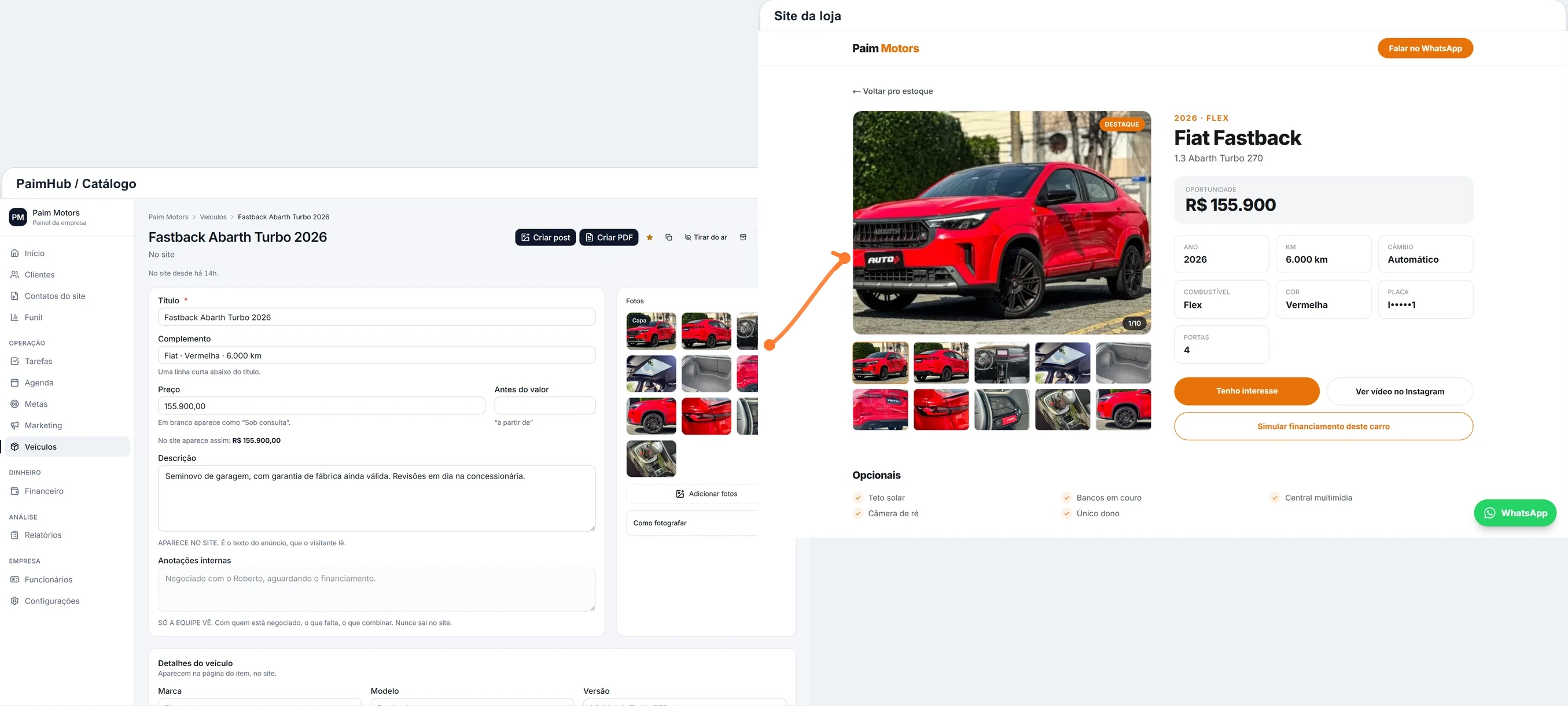 O mesmo Fiat Fastback no catálogo do PaimHub e na página do site da Paim Motors